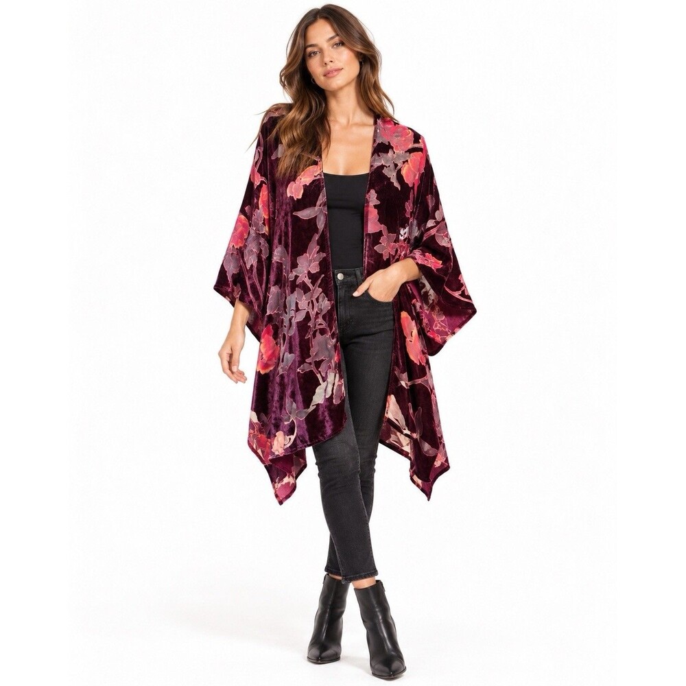 Entro Burgundy Floral Velvet Kimono Cardigan Open Front Boho Whimsigoth M/L